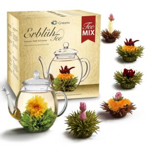 Creano Teeblumen Mix - goldenes Geschenkset Erblühtee mit Glas Teekanne weißer, grüner & schwarzer Tee in 6 Sorten