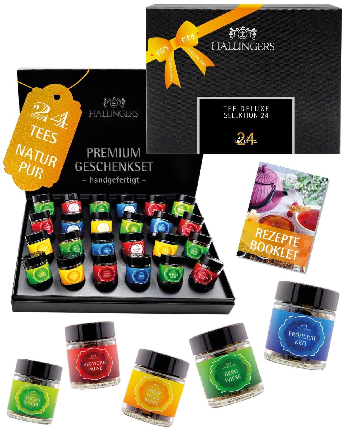 Hallingers Genuss Manufaktur Tee Geschenkset - 24 Sorten Premium loser Tee im Glas in edler Geschenkbox, vegan & glutenfrei