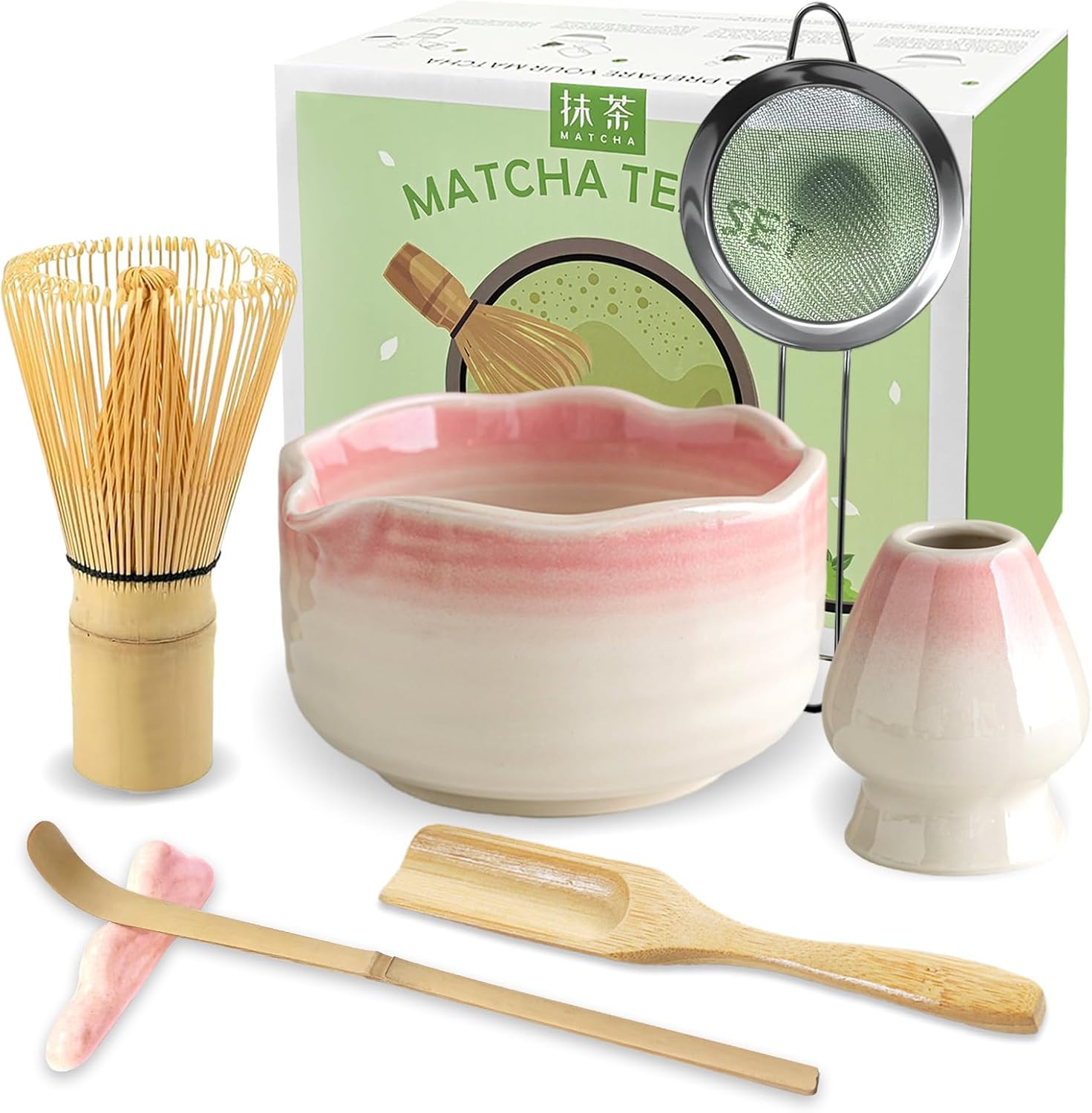 JBER Matcha Besen Set, Matcha Set 7-Teiliges - Bambus Matcha Whisk, Matcha Schale mit Auslauf, Besen Halter, Sieb, Löffel und Halter