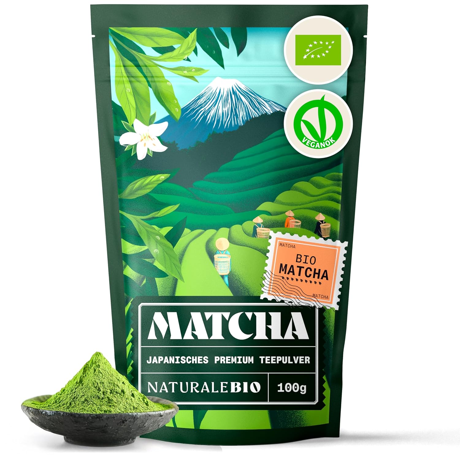 NaturaleBio Matcha Tee Pulver Bio - Premium-Qualität - 100g. Original Green Tea aus Japan.