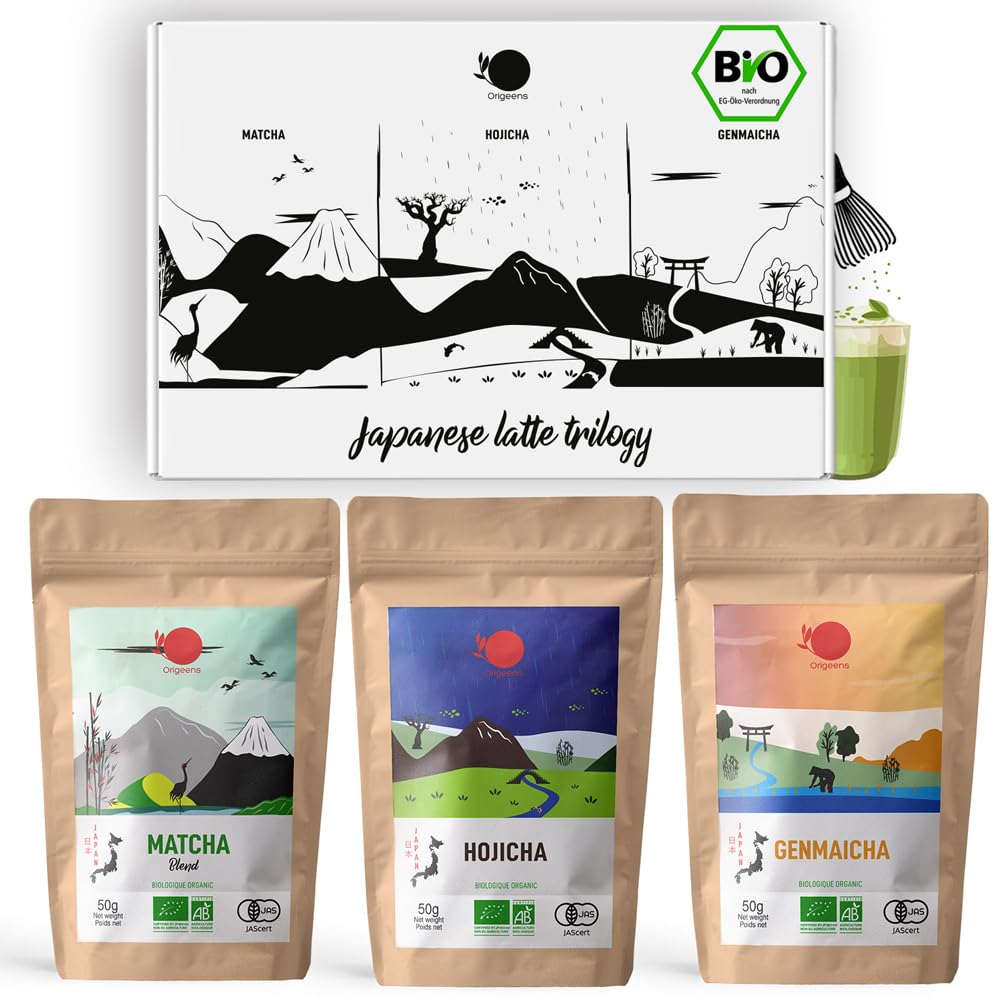 ORIGEENS MATCHA LATTE PULVER SET - In Pulverform Bio Matcha Tee, Hojicha, Genmaicha - 3 50g Matcha Probierset