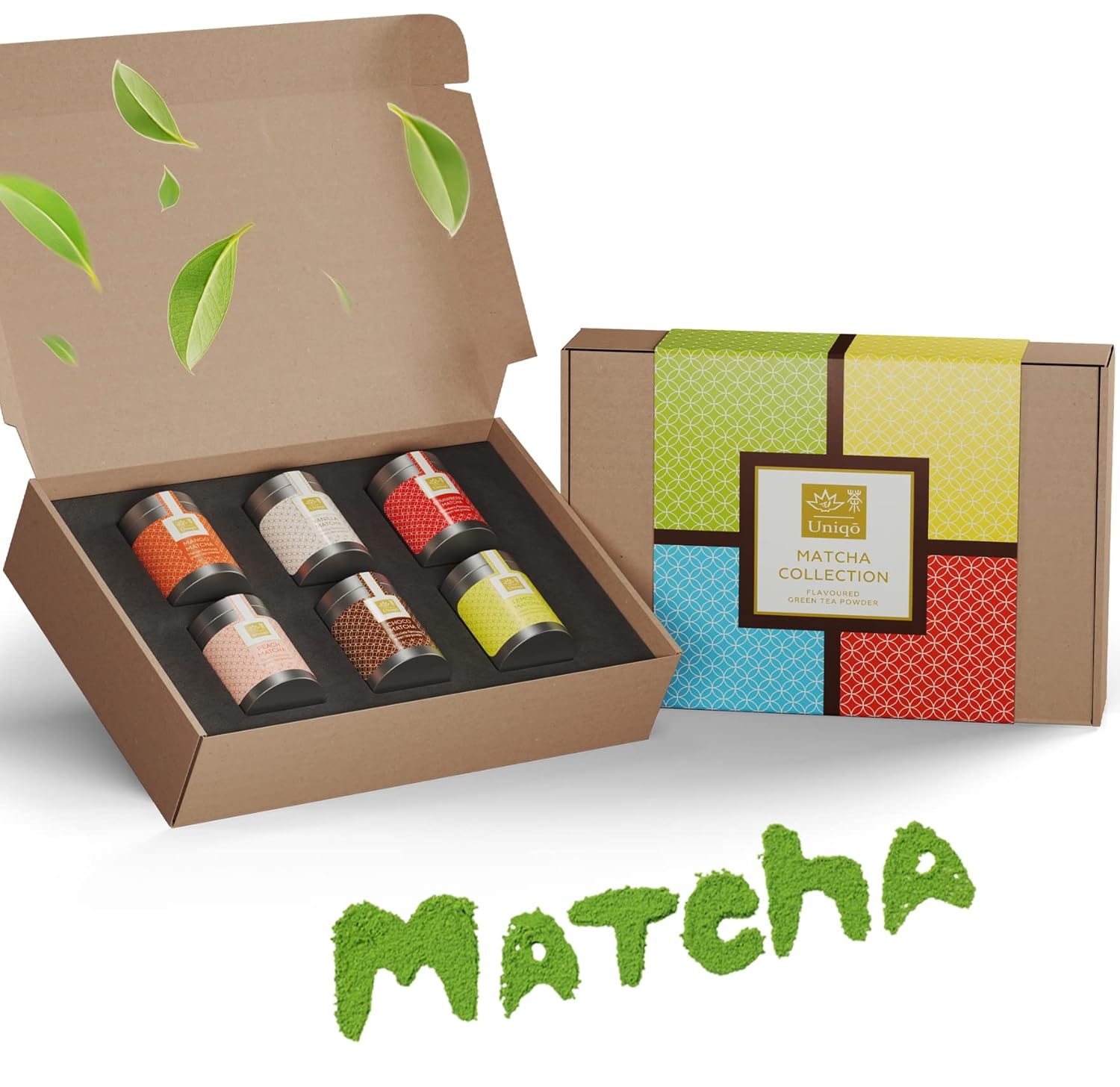 Tea Uniqo – Matcha Pulver Tee Probierset – 6 Matcha Sorten ideal zum Trinken, für Eis, Latte, Shakes, zum Backen oder Kochen
