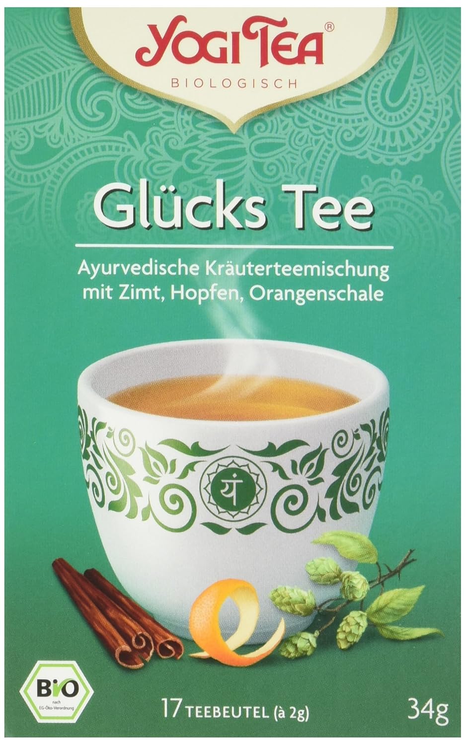 Yogi Tea Bio Glücks Tee Ayurvedische Kräuterteemischung mit Zimt, Hopfen und Orangenschale, 17 Beutel, 34g
