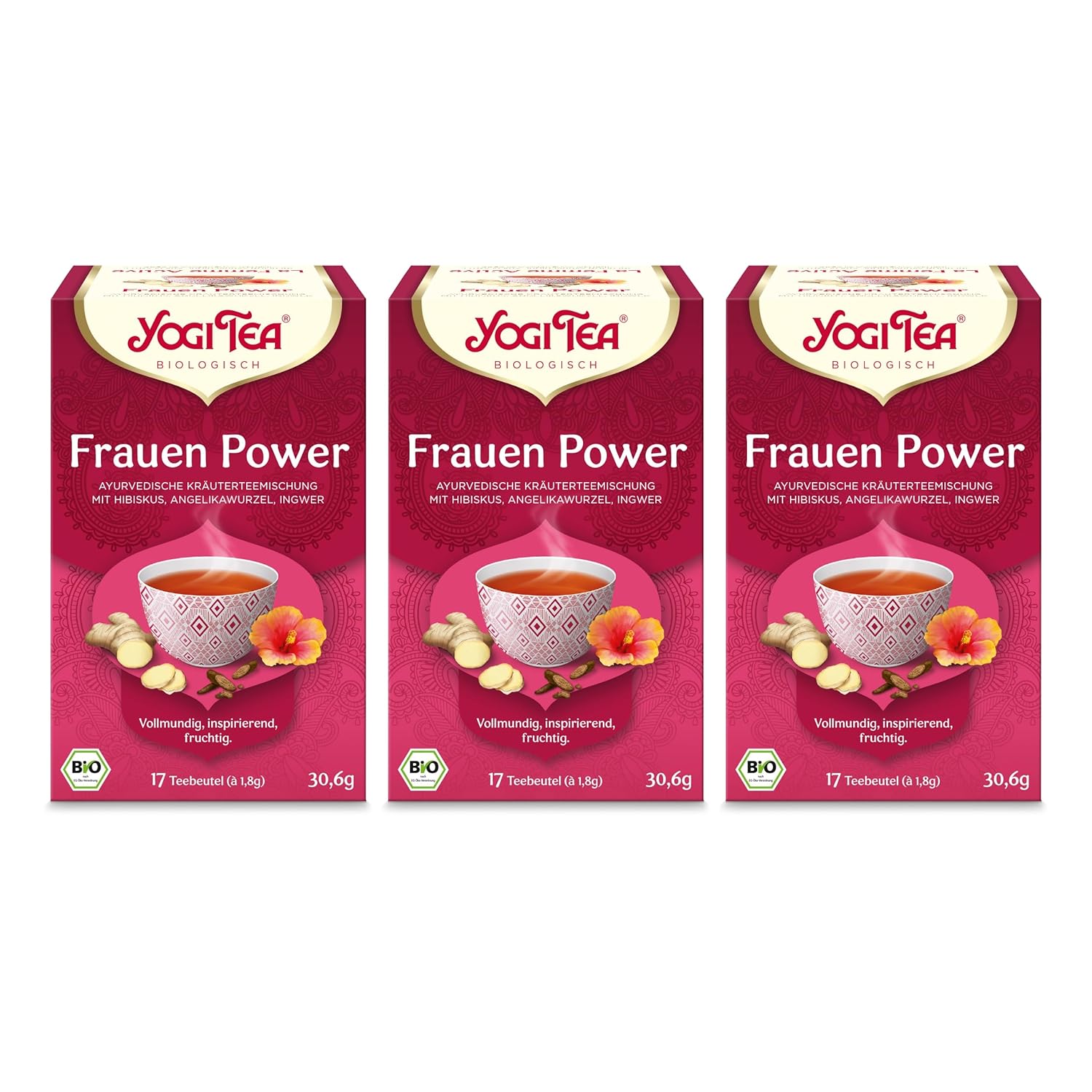 Yogi Tea - Frauenpower, Ayurvedischer Bio Gewürz- und Kräutertee, von Natur aus koffeinfrei, Angelikawurzel, Ingwer, Hibiskus, Yogi Tee 3er Pack